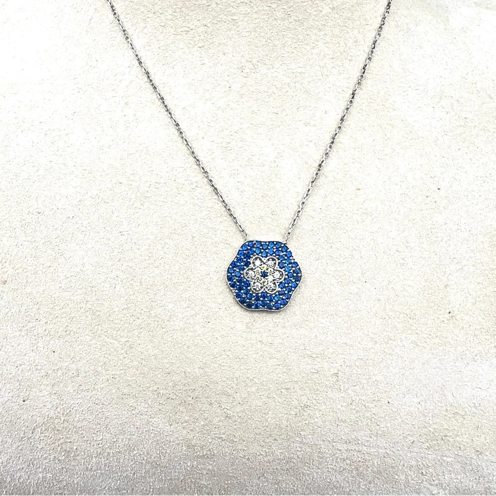 FLOWER Dainty 925 Sterling Silver Blue Clear Rhinestone Adjustable Necklace - Picture 5 of 9